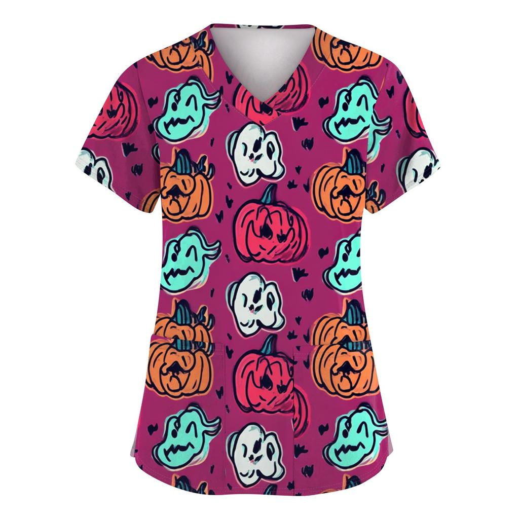 Women's Fashion Short Sleeve Halloween Printed V-Neck Pocket Workwear Tops