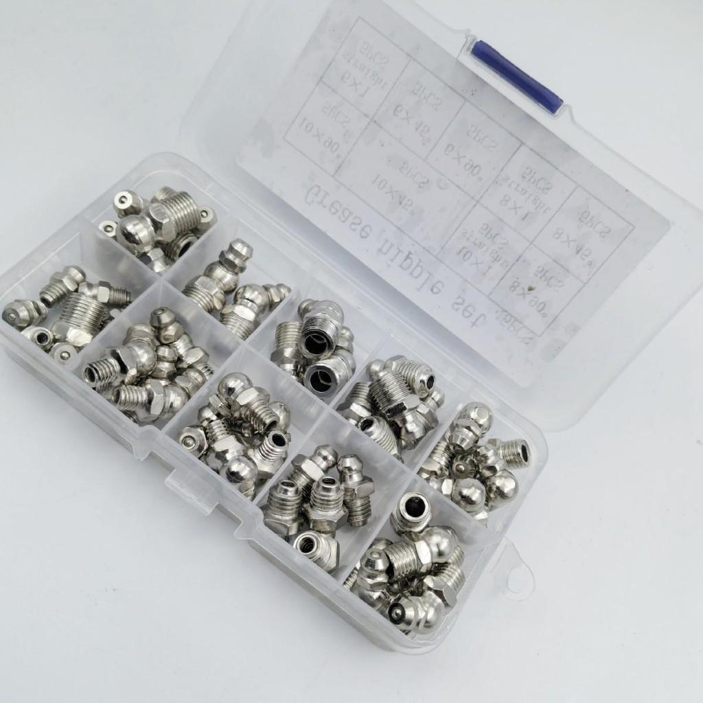 45-Piece Nickel-Plated and Copper-Plated Carbon Steel Grease Fitting Set - Includes Bent and Straight Fittings