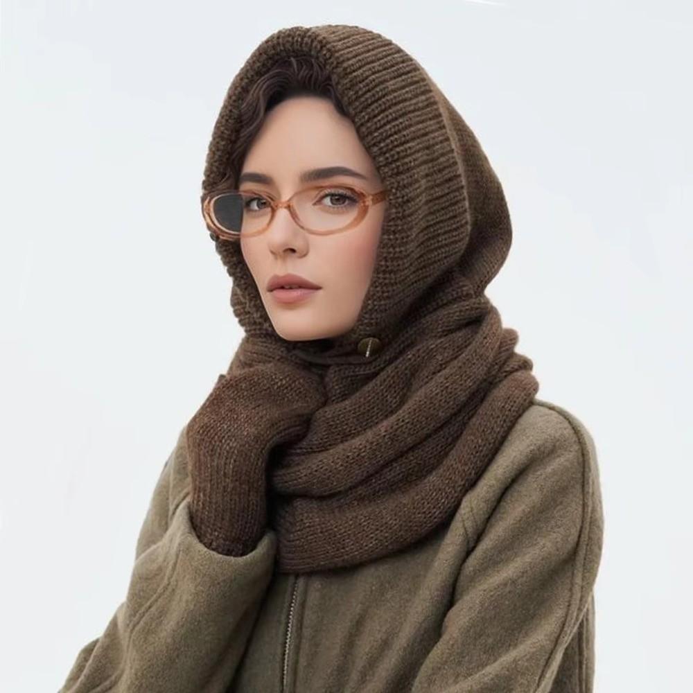 2 In 1 Knitted Hooded Scarf Solid Color Winter Crochet Beanie Hat New Neck Collar Hat  for Women