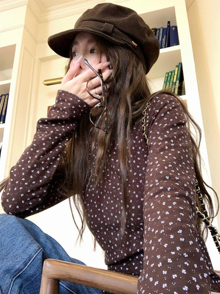 Women's American Style Ruffle Floral Turtleneck Long-Sleeve Slim-Fit Warm Top for Autumn/Winter Layering