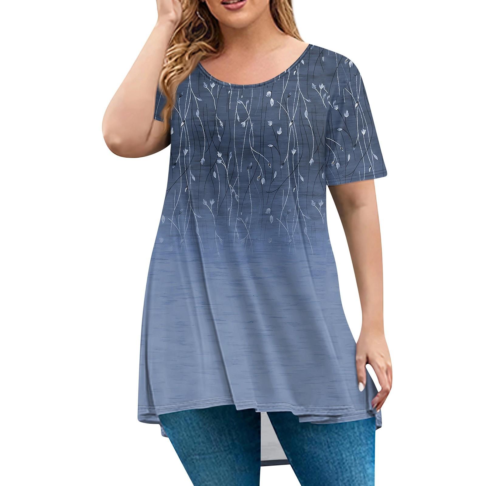 

Женская мода большого размера с круглым вырезом и коротким рукавом, повседневный свободный пуловер с принтом XXL тёмно-синий