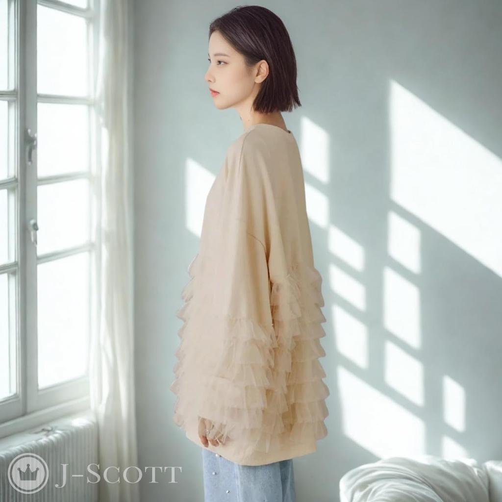 Tulle Frill Pullover Tunic Round Voluminous Ivory Limited Stock J-Scott Women's Sweatshirt, Length, Neck, Sleeves, (JS158-IV-S) -