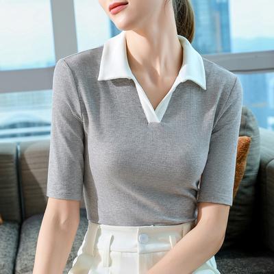Five-point Sleeve Polo Collar T-shirt for Women In Autumn New Design Niche and Chic Lapel Mid-sleeved Contrasting Top