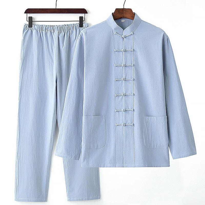 

Костюм Тан, мужской костюм, весенне-осенний костюм из двух частей, китайский стиль, старинный костюм, китайский костюм ханьфу для мирянина 4XL синий