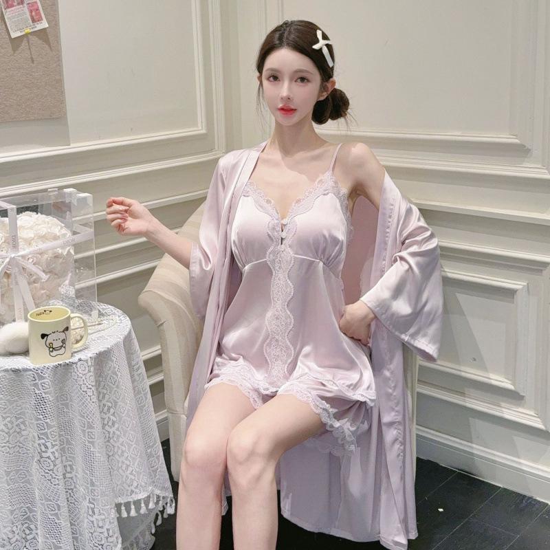 New Pajamas Three-piece Set Women's Summer Ice Silk Thin Sexy Suspenders Pure Desire Wind Loungewear Set with Chest Pad