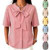 Women Loose Fit Striped Short Sleeve Blouse with Bow Tie Front Casual Relaxed Fit Top for Everyday Wear Office Work