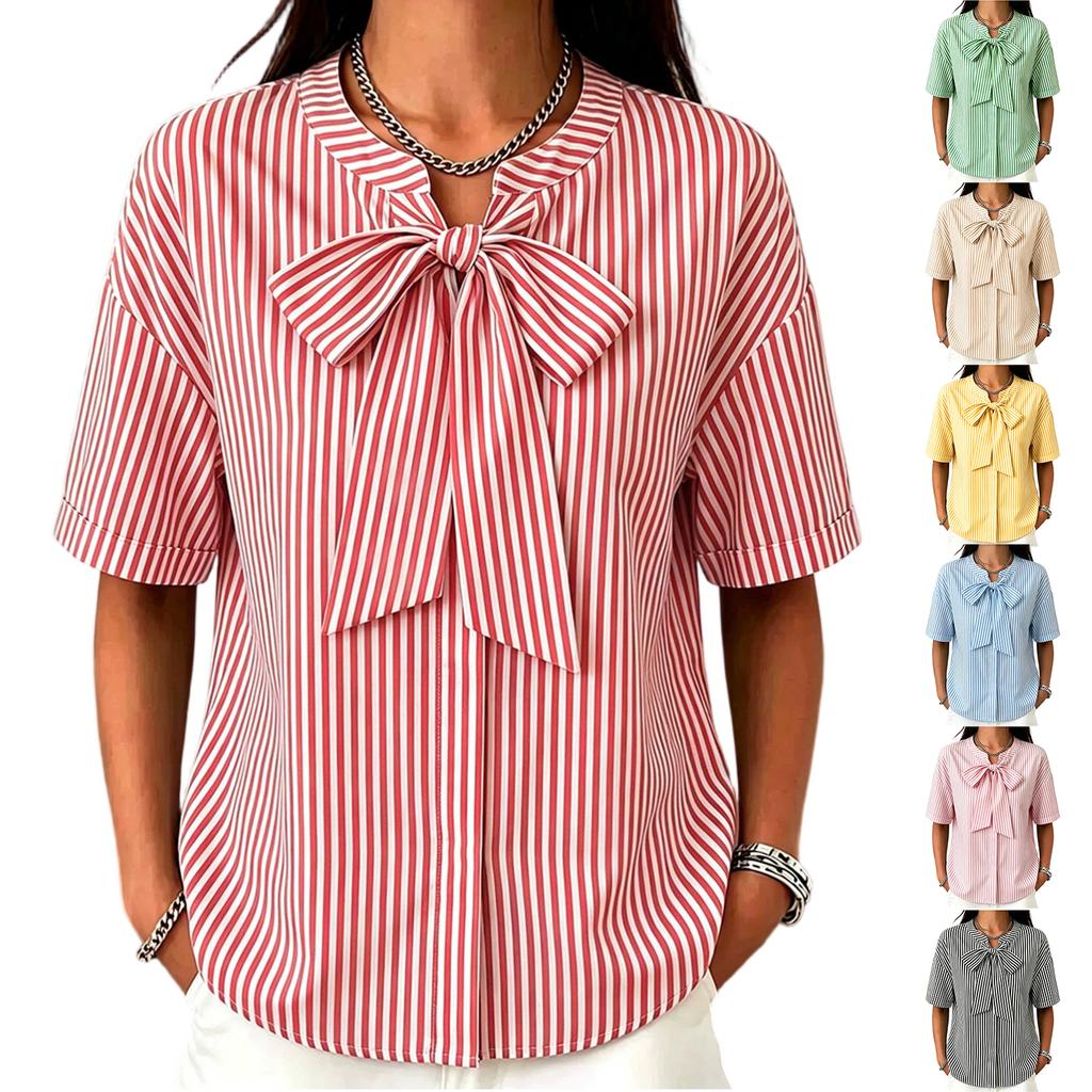 Women Loose Fit Striped Short Sleeve Blouse with Bow Tie Front Casual Relaxed Fit Top for Everyday Wear Office Work