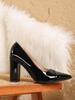 Foreign Trade High Heels: Shallow Mouth Pointed Toe Patent Leather Chunky Heel for Women, EU/US Sizes 42-43