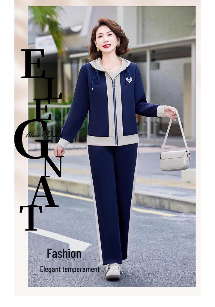 Stylish Spring & Autumn Sports Suit for Women: Age-Defying, Elegant Two-Piece Set for Middle-Aged & Elderly Moms.