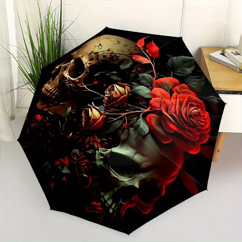 1pc Skulls in Bloom Automatic Opening and Closing Umbrella, Lightweight 3-Fold, With Cute Cartoon Characters, Suitable for Home, Outdoor and Dail