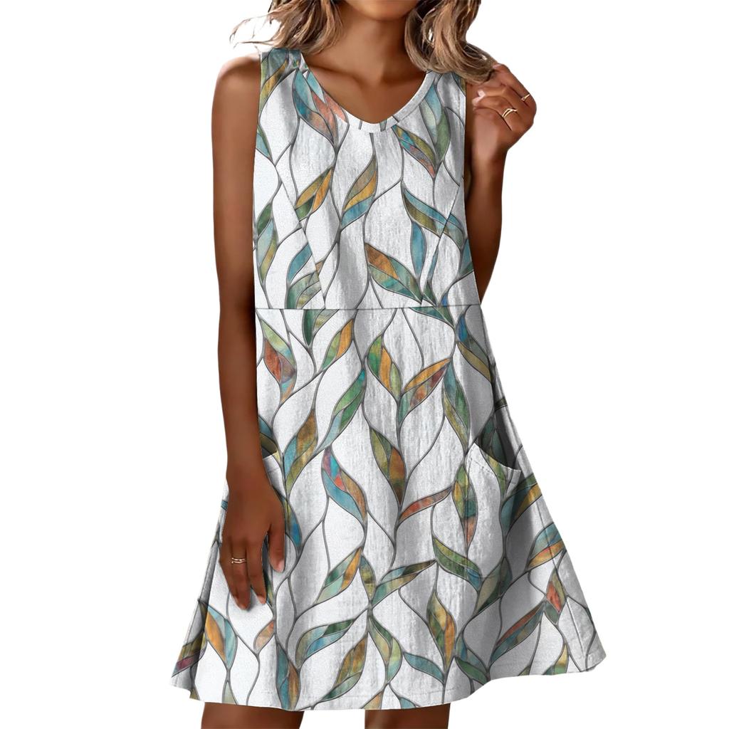 Summer Dresses For Women Loose Beach Vacation Casual Sleeveless V-neck  Sundresses With Pockets Tank Dress