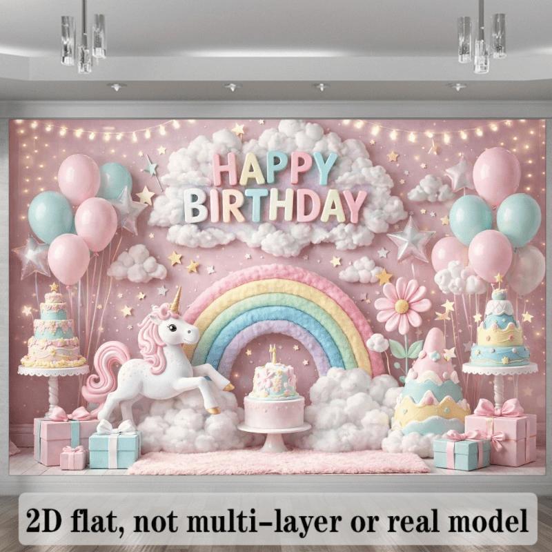 2D Plane Fantasy Unicorn Birthday Party Backdrop Fabric Soft Pink Wall with Warm Light String Lights