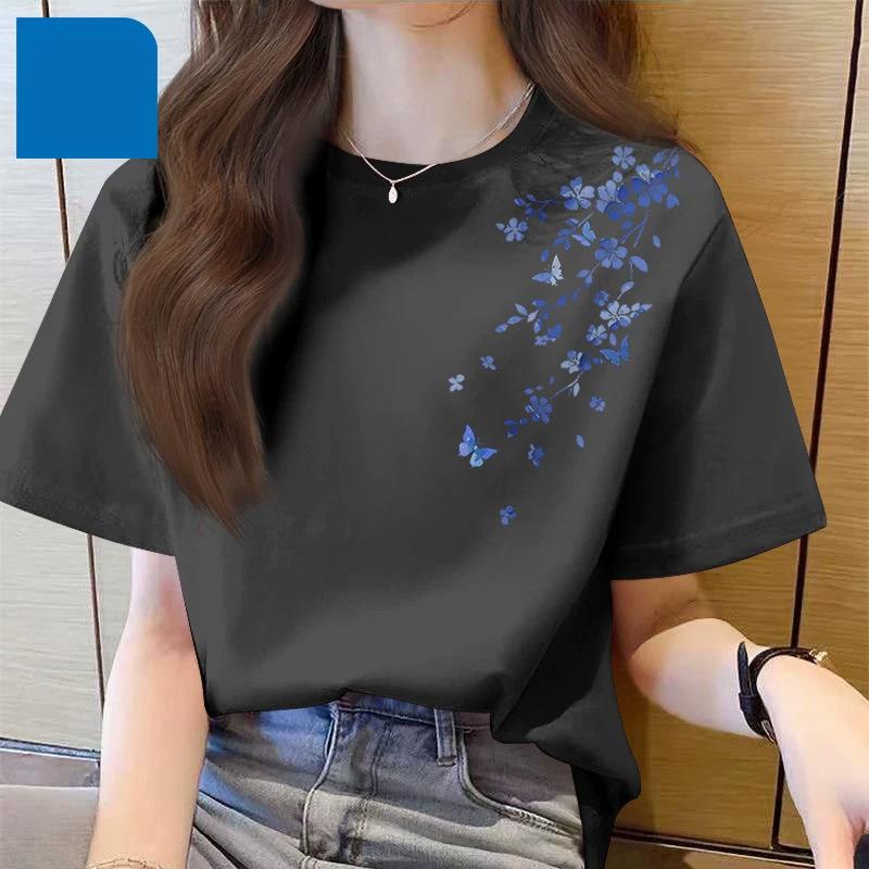 Women's Round Neck Short Sleeve Tee Loose Fit Japanese Korean Casual Top Blue Floral Butterfly Print Cotton Spring Summer Basic T Shirt
