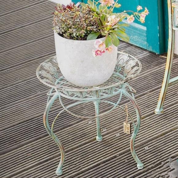 

Wrought Iron Aged Green Garden Stool Flower Stand Decoration