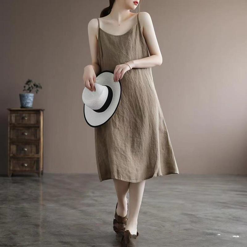 Women's Fashion Summer Spring Solid Color Print Sleeveless Suspenders Loose Waistline Casual Dresses