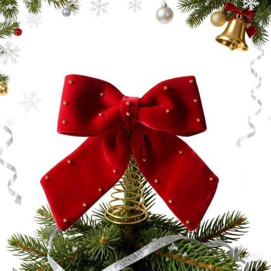 Velvet Christmas Tree Topper Bow Red Plush Bow with Metal Frame Base Festive Holiday Decor for Home Party Display