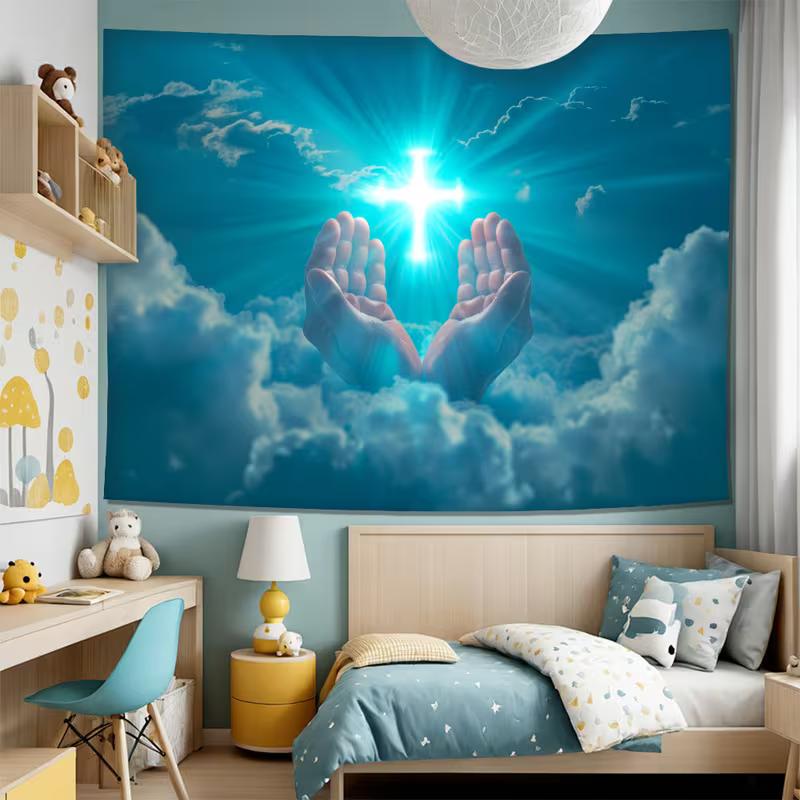 2D Christian Cross Photography Backdrop, Hands and Blue Sky Studio Background