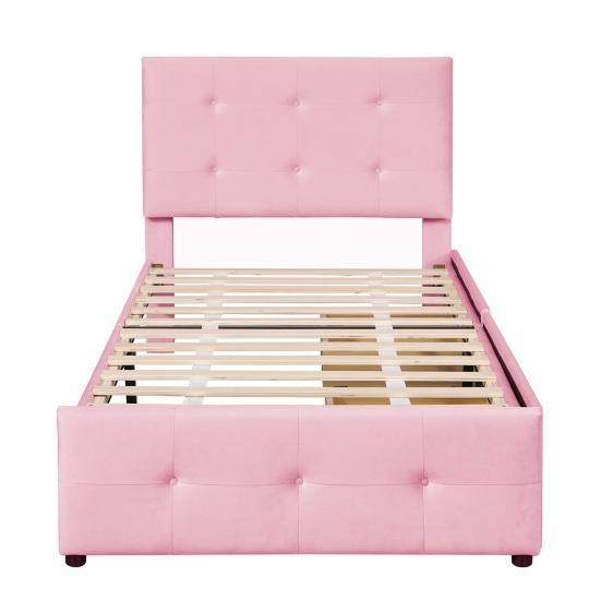 99x210cm Velvet Fabric Kids Bed with Adjustable Headboard 2 Drawers Ergonomic Design Strong Wood Slat Support Bed Home Furniture
