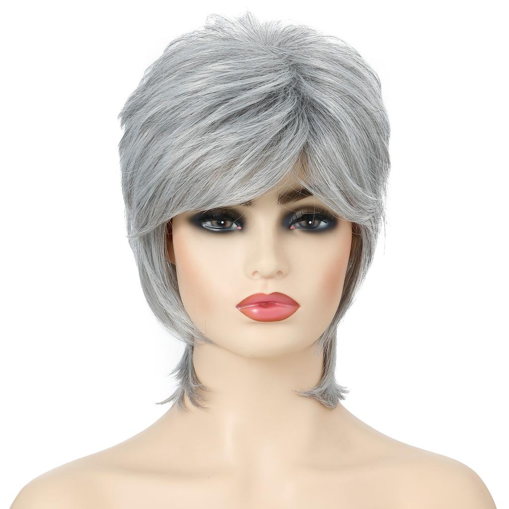 Lady Women Short Wave Synthetic Hair Wig Blonde Brown with Highlights Full Wigs Silver Gray Color