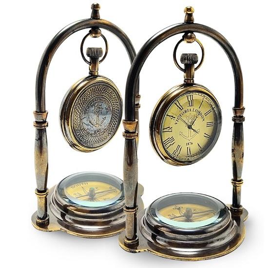 Desk Clock Table Clock with Maritime Brass Compass Victoria London Nautical Brass Table Clock