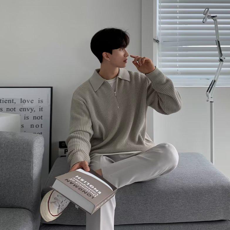 Men's Autumn/Winter Japanese-Style Half-Zip Lapel Sweater - High-End, Loose, Casual.