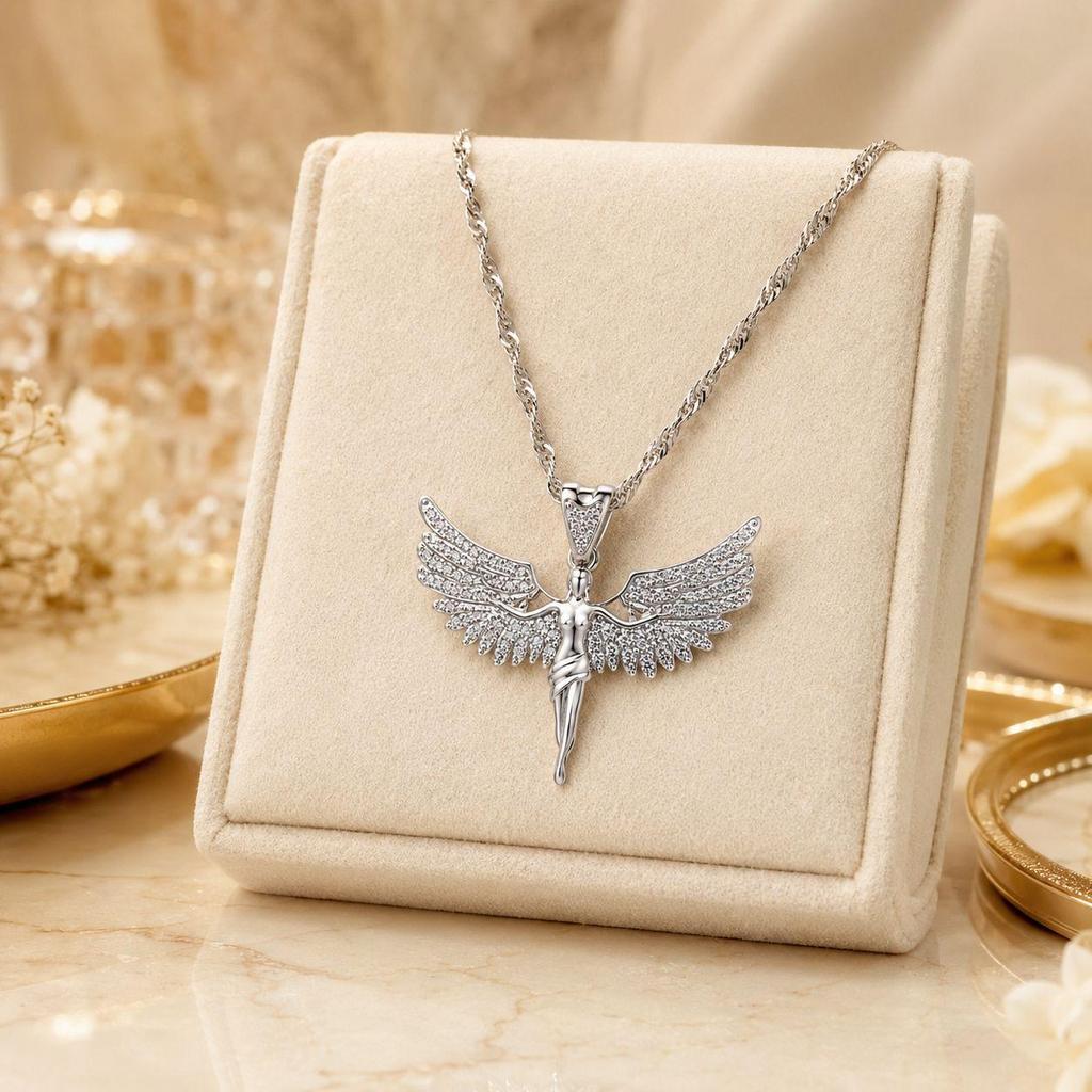 Angel Wing Cubic Zirconia Pendant Necklace - Luxurious Women's Clavicle Chain with Full Diamond Pendant