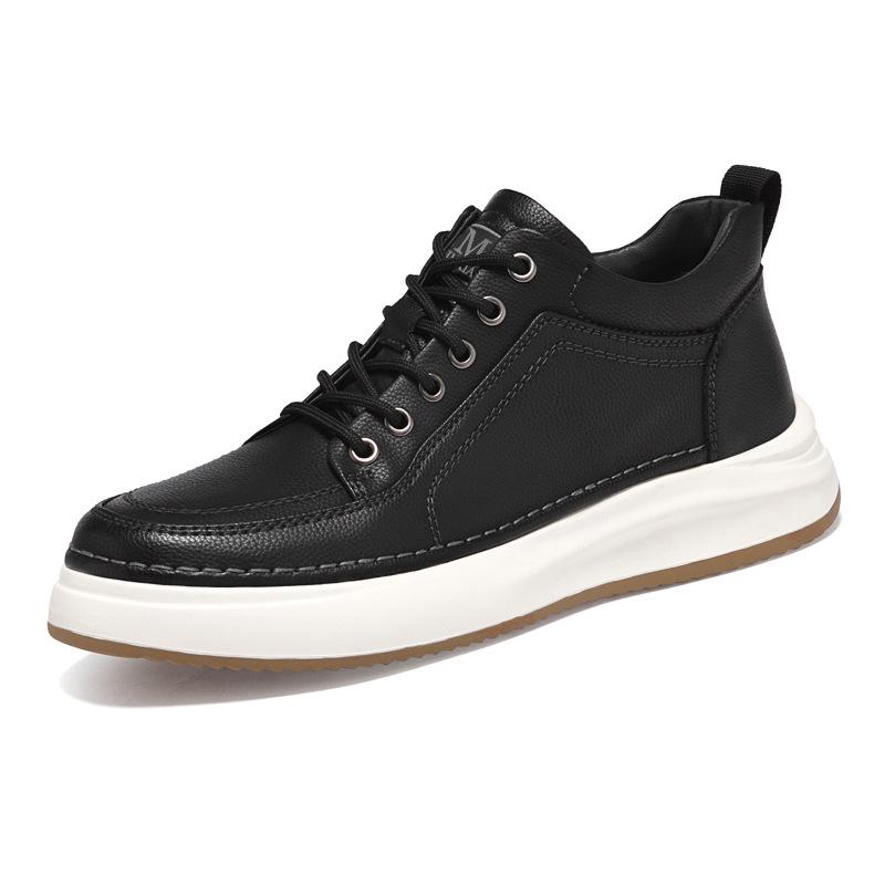 Men s White Leather Low-Top Skate Shoes with Thick Sole, British Style, Height Increasing, Trendy and Versatile. 39