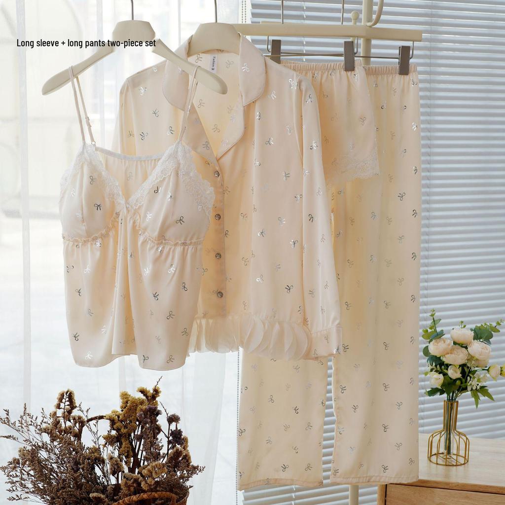 Set de pijama de vară pentru femei din mătase de gheață, maiou cu plăcuțe pentru piept - Set de 4 piese cu mânecă lungă pentru acasă