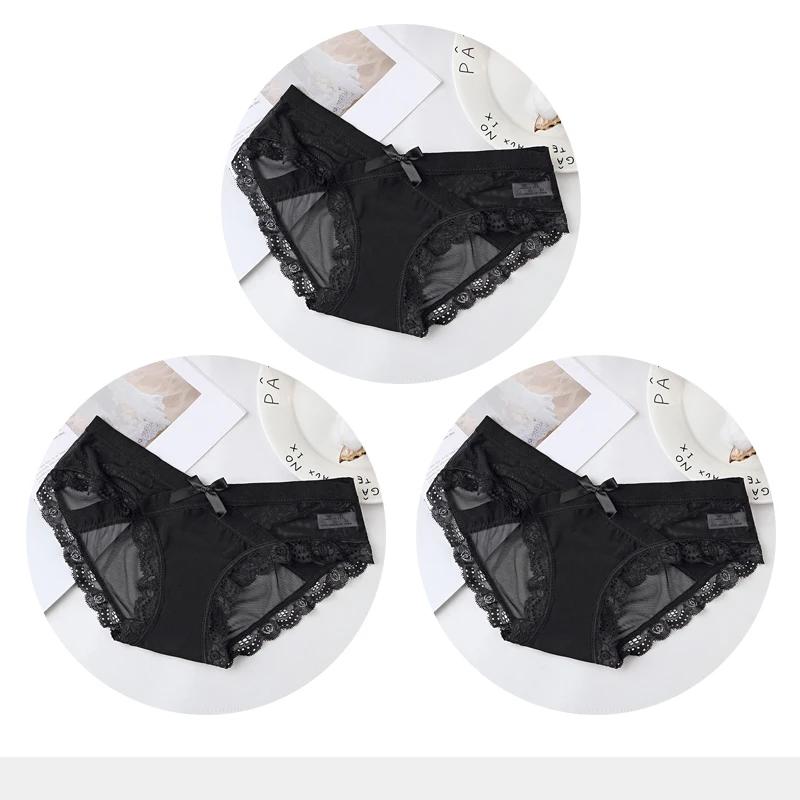 Women's Sexy Panties Transparent Mesh Breathable Briefs Underwear Low-Rise Bow Floral Panty for Lady Girl 3 Pcs/set