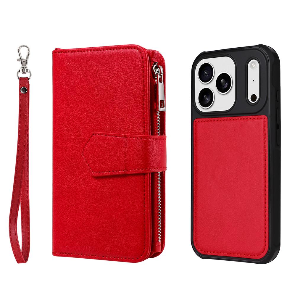For iPhone 17 Pro Magnetic Leather Case Mobile Cover with Detachable Zipper Wallet Strap