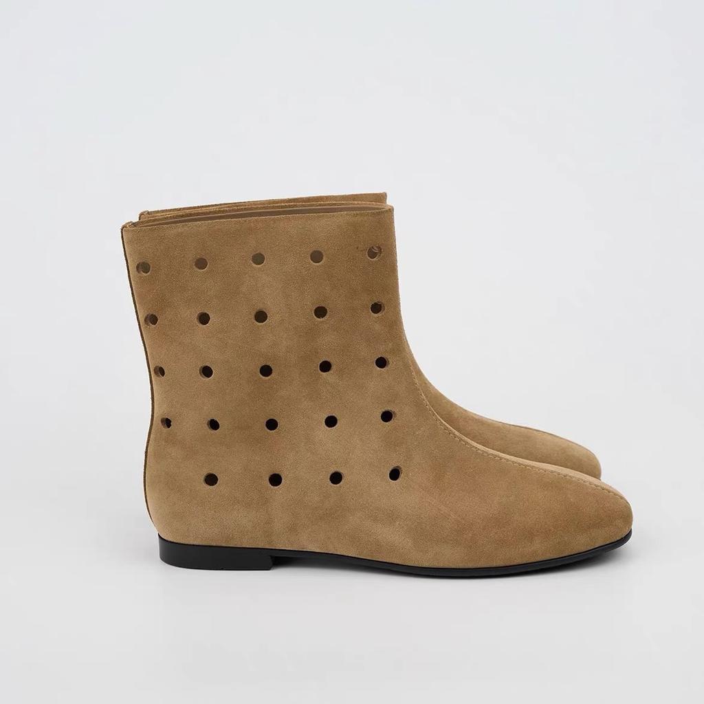 Round Head Hollow Fashion Medium Boots Autumn and Winter Leather Martin Boots Suede Boots