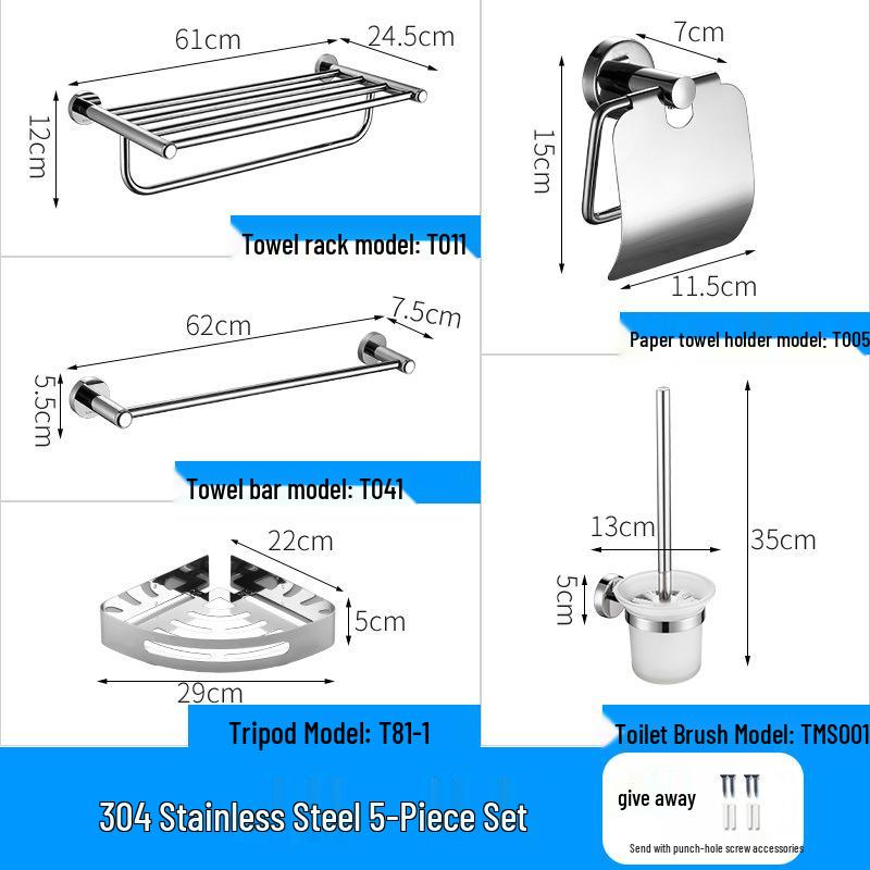 304 Stainless Steel Bathroom Rack Set: Towel Rack, Toilet Triangle Rack, Paper Holder, Storage Hanger