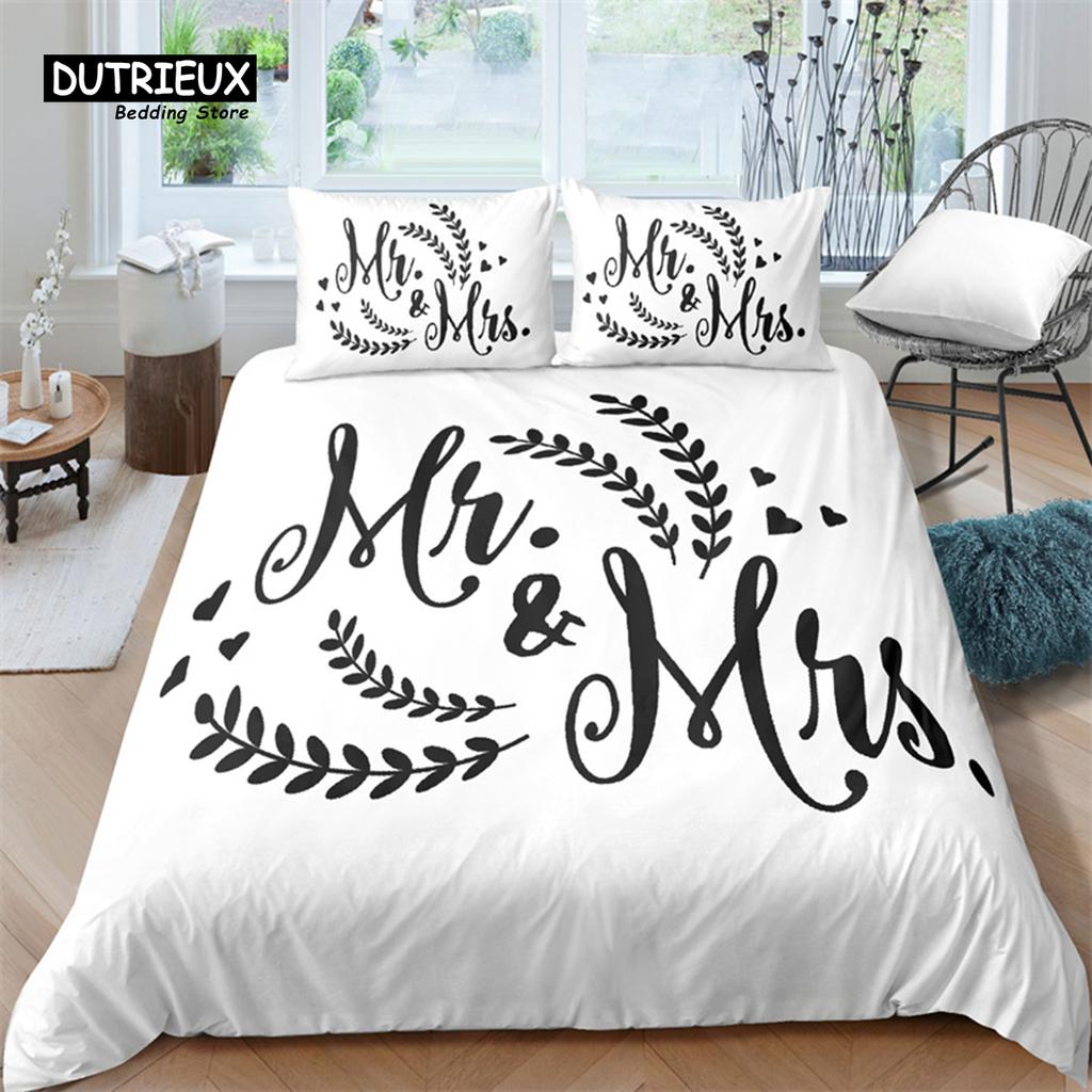 Mrs Mr Duvet Cover Romance Comforter Cover Microfiber White Bedding Set For Boys Girls Teens Adults Wedding Valentine Day Decor