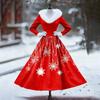 Women's Casual Dress Long-Sleeve V-Neck Patchwork Fleece Christmas Print Dress