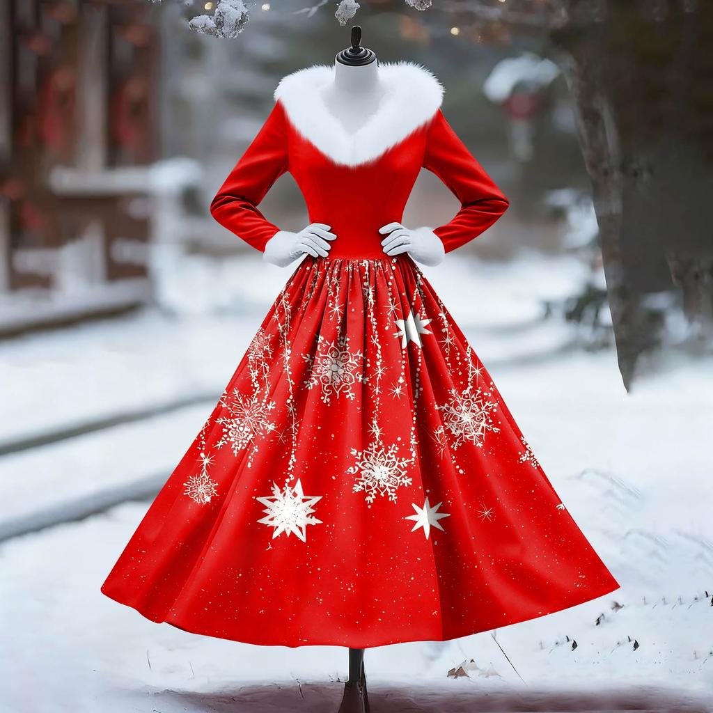 Women's Casual Dress Long-Sleeve V-Neck Patchwork Fleece Christmas Print Dress