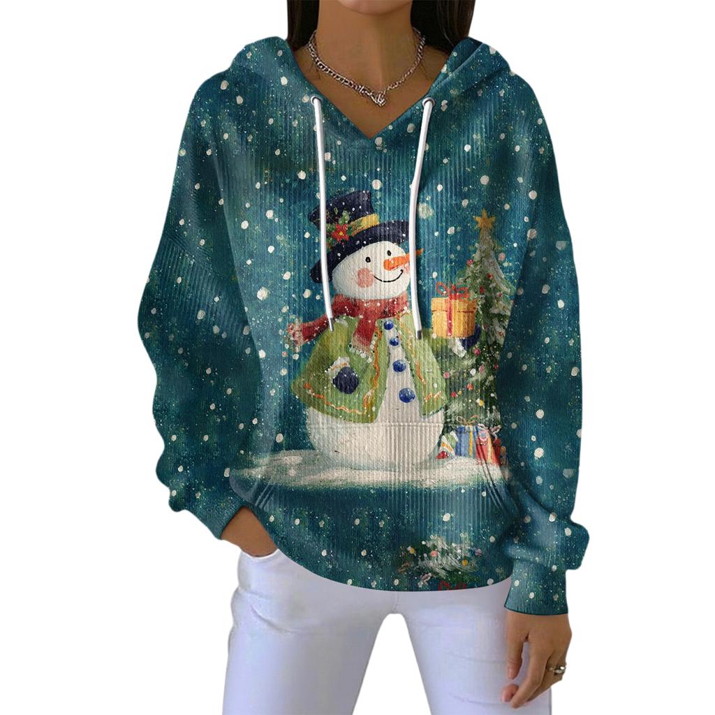 Women's Loose Comfortable Casual Fashion V-Neck Christmas Print Long Sleeve Hoodie