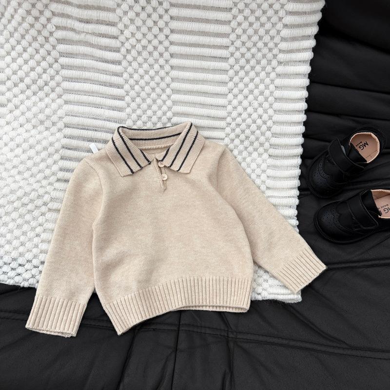 Children'S Clothing Baby Temperament Polo Neck Knitted Sweater Autumn Clothing Baby Striped Lapel Neck Soft Waxy Pullover Sweater Inside