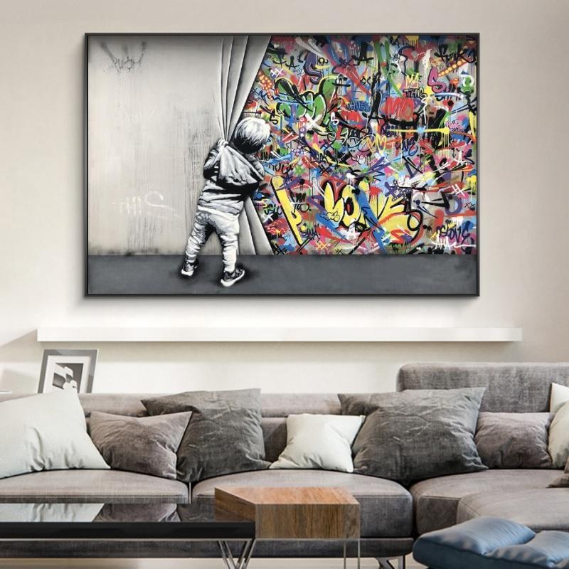 Kinderliebhaber hinter dem Vorhang, Graffiti-Kunst, Gemälde an der Wand, Kunst-Poster und Drucke, moderne Street-Art-Bilder, Heimdekoration