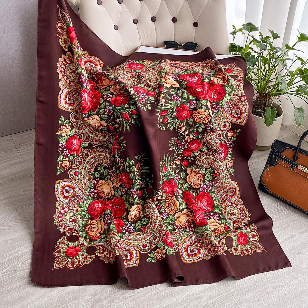 Women Russian Floral Scarf Ethnic Style Square Bandana Head Scarves Ladies Handkerchief Headband Silk Scarf Hair Wraps