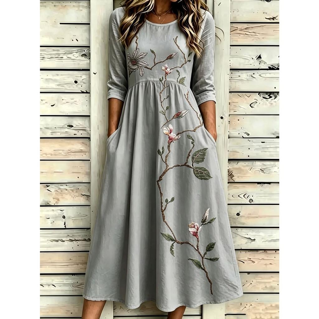 Women's Crew Neck Long Sleeve Loose Fit A-Line Midi Dress Casual 3D Floral Print