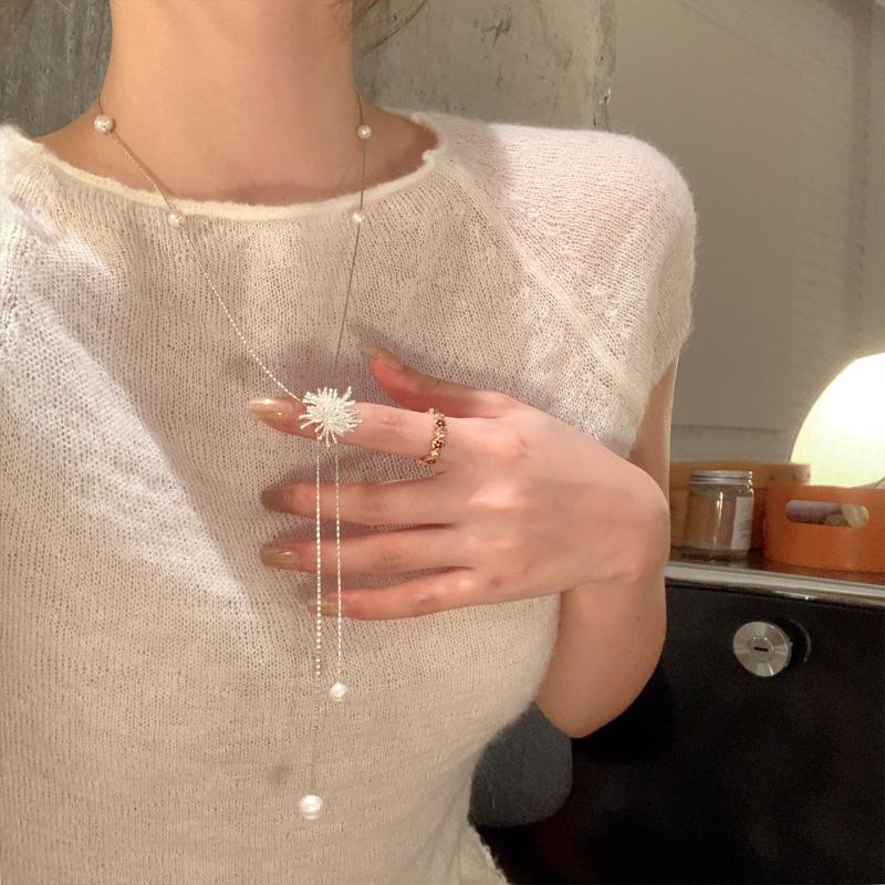 Firework Pearl Pendant Slider Necklace For Women Exquisite Sweet Long Tassel Sweater Chain Vintage Casual Versatile Jewelry Gift