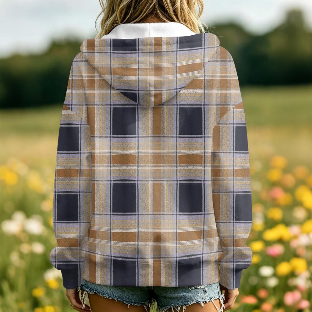 Damen Karo-Print Kapuzenjacke mit langen Ärmeln, Taschen und lässiger Mantel