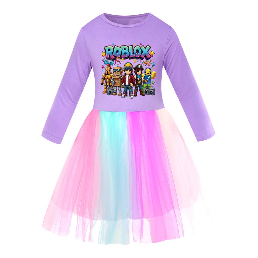 5574 Kid Girls Casual Roblox Game Printed Mesh Rainbow Dress 110cm