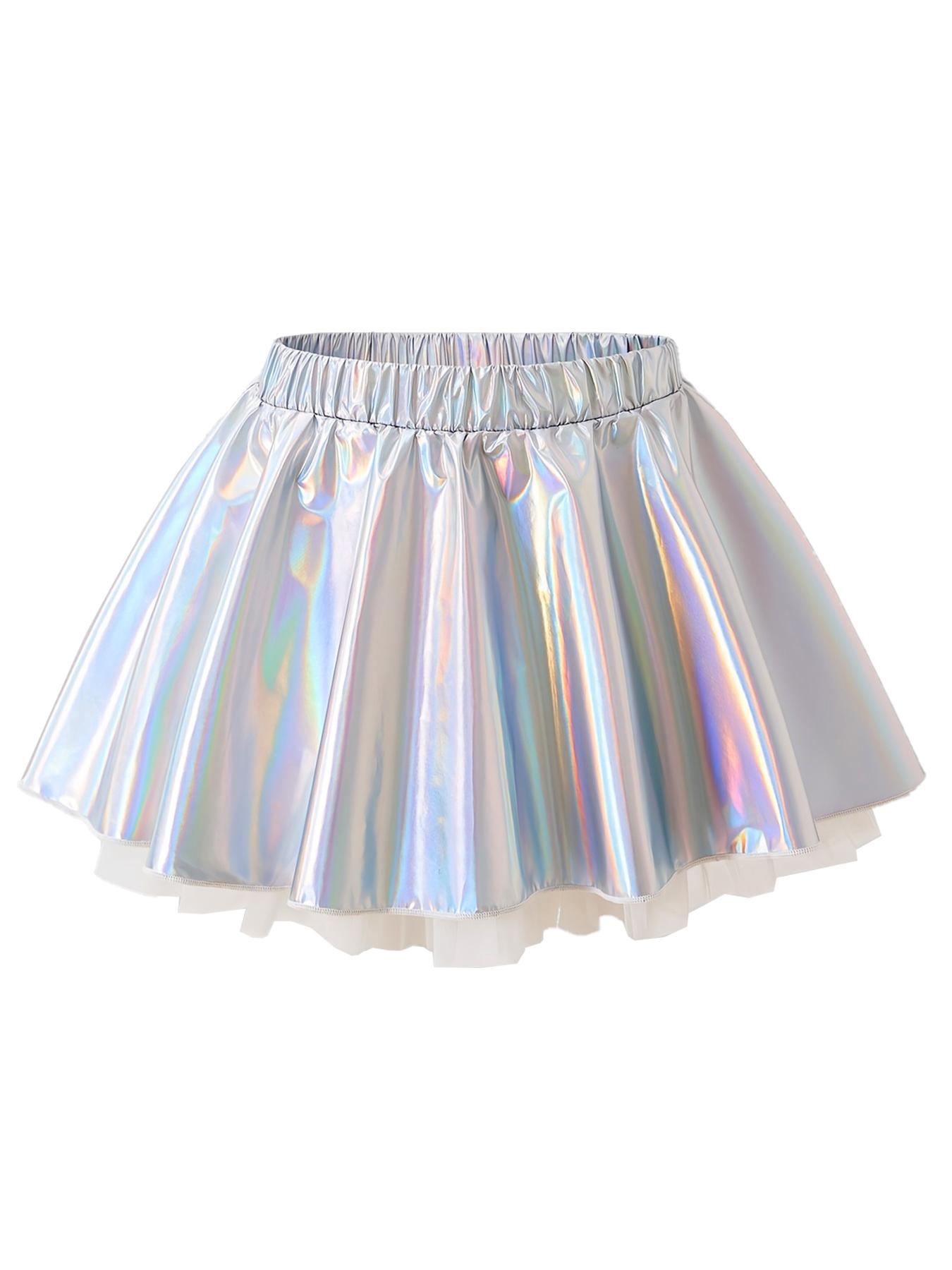 

Girls 110-150 Size Spring Summer A-Line Skirt, Silver Metallic Fabric Spliced Tulle, Fashion Party Casual Half Skirt 110、120、130、140、150 срібний