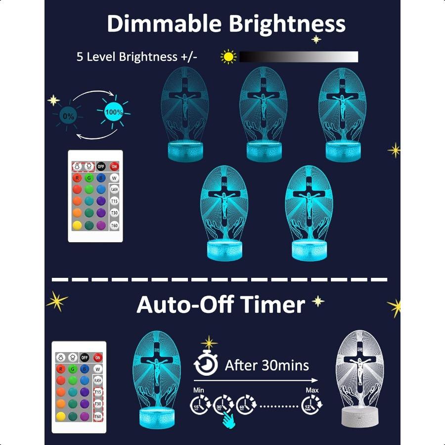 

Jesus Cross 3D Night Light Christian Illusion Optical Hologram Lamp with 16 Color Changing + Remote Control + Timer LED Desk Ho United States