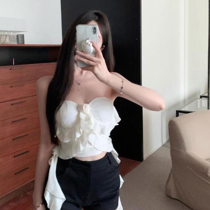 Summer Slim-fit White Flower Lotus Leaf Edge Chest Wrap Pure Desire Short Sleeveless Tube Top Backless Top Women