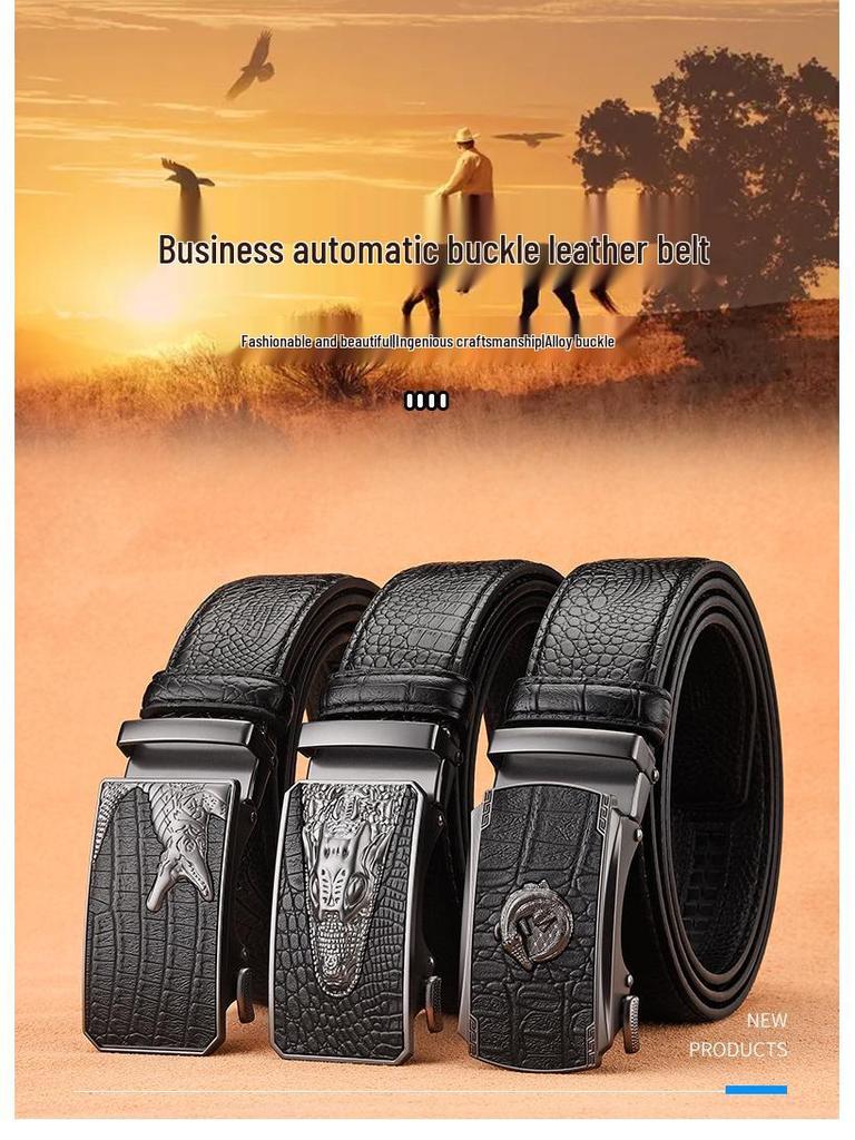 Men's Crocodile Pattern Cowhide Belt with Alloy Automatic Buckle - Versatile and Casual.