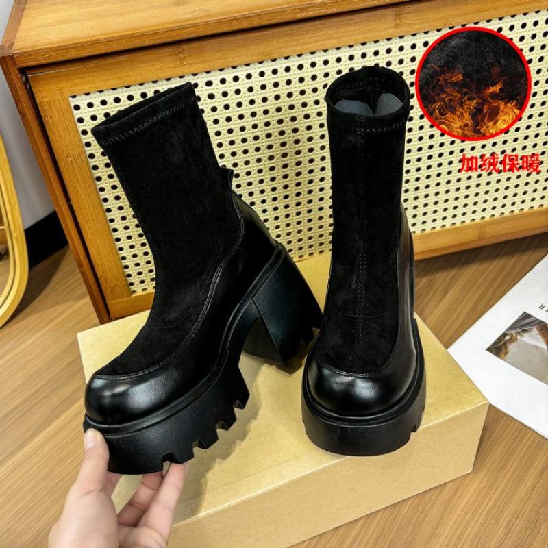 Thick-soled Medium Leather Boots Women's Autumn and Winter 2025 New Muffin Shoes Popular Fashion Short Boots Women's Thin Elastic Boots