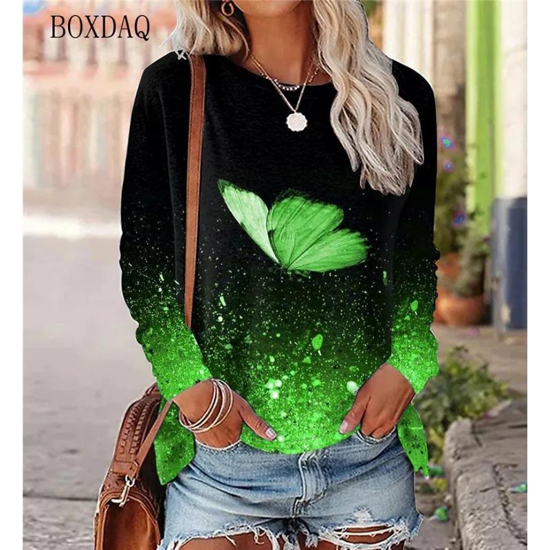 Butterfly Pattern Women Street Hip Hop T-Shirts Long Sleeve Spring Autumn 3d Tie-dye Print Fashion Ladies Tees 6XL Big Size Tops