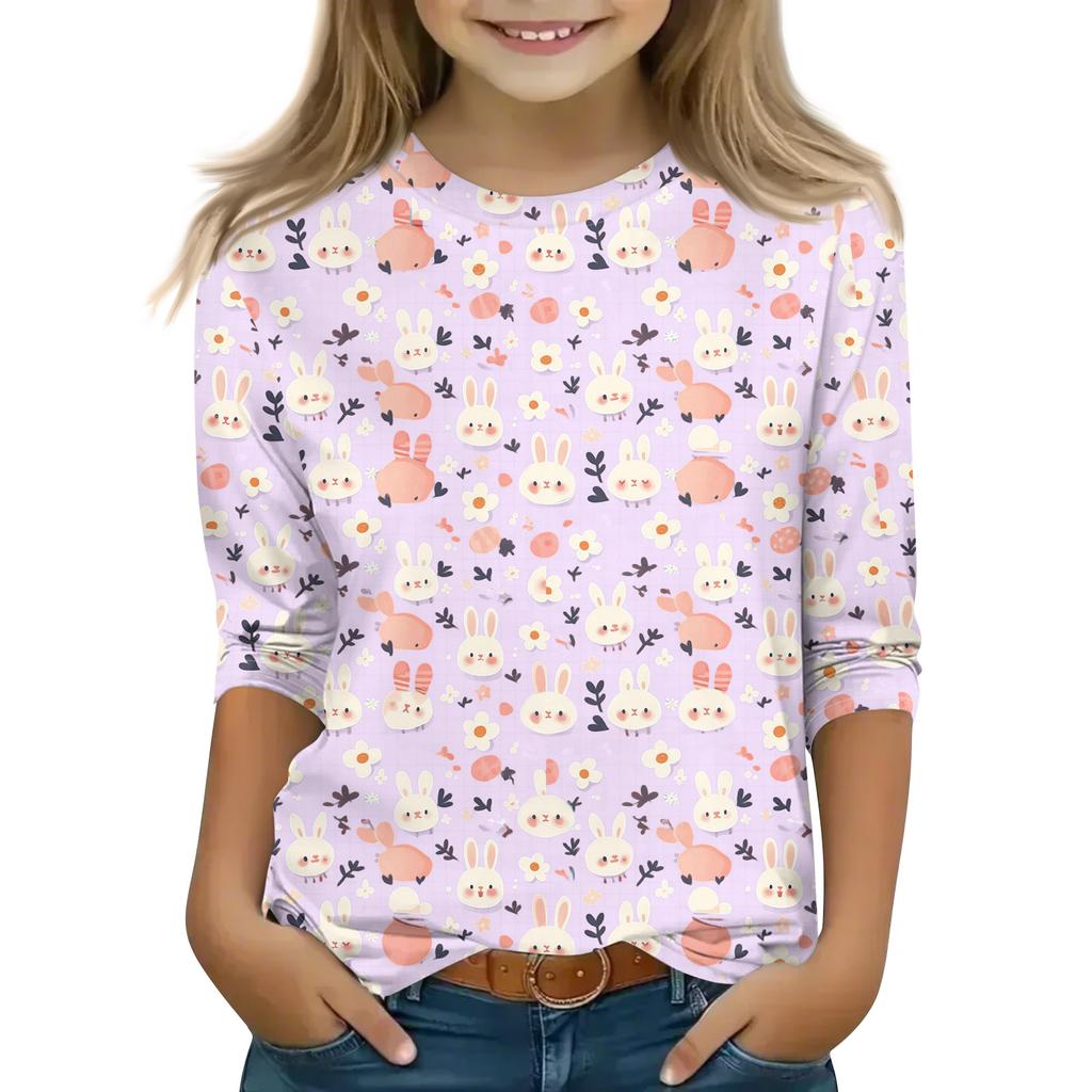 Print Tops For Youth Girls Round Neck 3/4 Sleeves T-Shirts Trendy Tops Outfit Tees